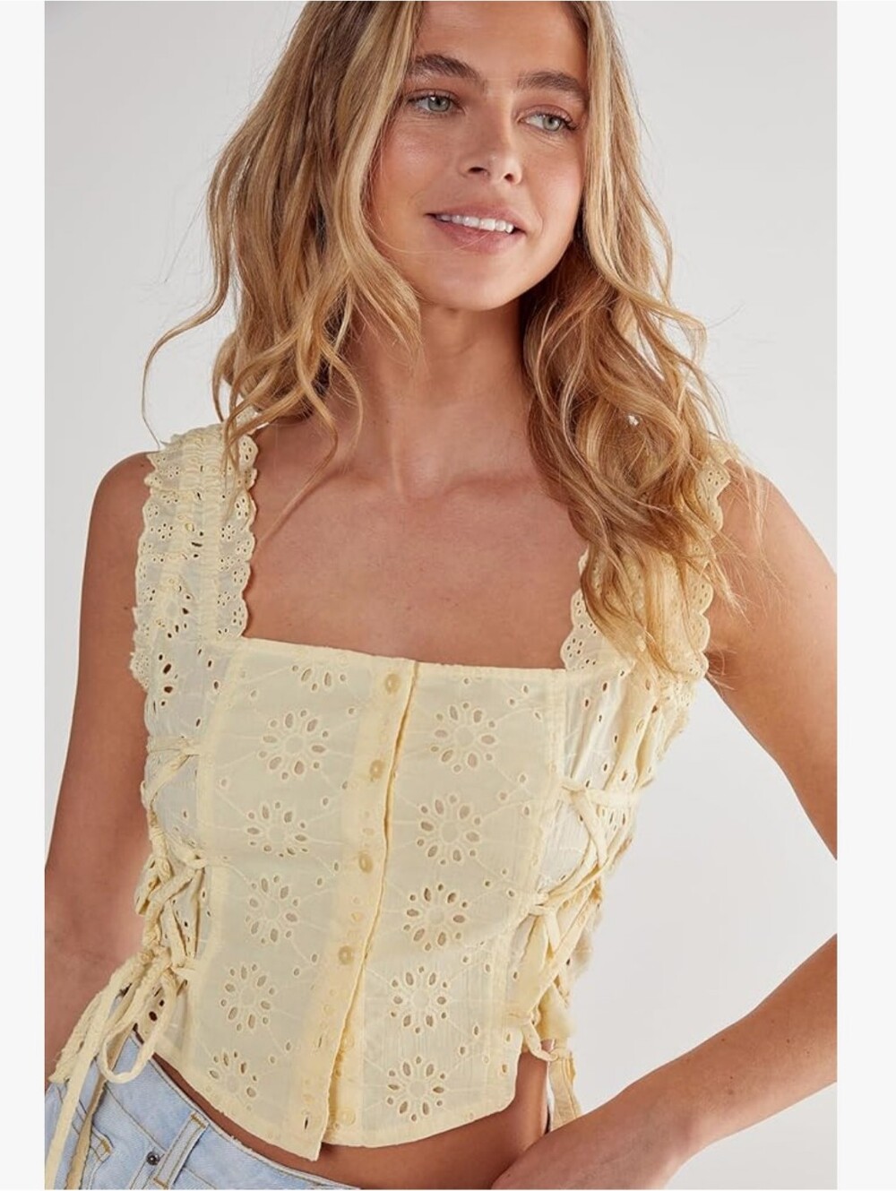 Nasty Gal Broderie Eyelet Lace Up Side Summer Top Lemon Yellow